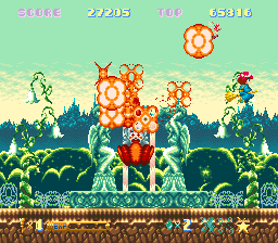 Märchen Adventure Cotton 100% (SNES) screenshot: Packed with pyrotechnics no less