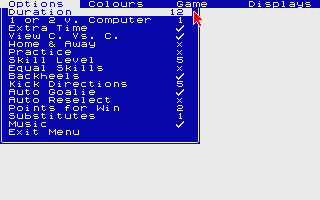 Emlyn Hughes International Soccer (Atari ST) screenshot: Options, options, options