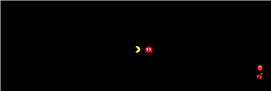 30th Anniversary of Pac-Man (Browser) screenshot: Complete the level twice, a small cutscene shows Pac-Man being chased by a ghost...