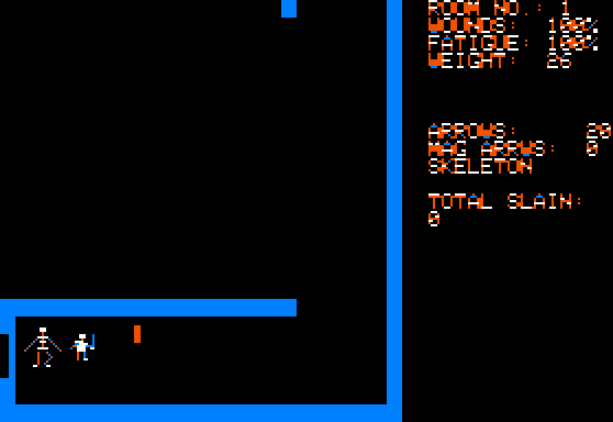 Dunjonquest: Temple of Apshai (Apple II) screenshot: Game begins, immediately greeted by a skeleton.