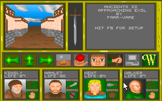 Ancients II: Approaching Evil (DOS) screenshot: The party has just arrived in town