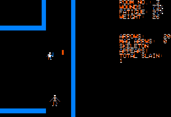 Dunjonquest: Temple of Apshai (Apple II) screenshot: Another room, another skeleton...