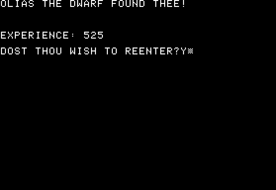 Dunjonquest: Temple of Apshai (Apple II) screenshot: ... but if you die, you may be rescued by fellow adventurers and resurrected -- at a price, of course.