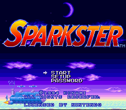 Sparkster (SNES) screenshot: Main menu and you can also see the airship that capturered the girl.