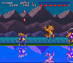 Sparkster (SNES) screenshot: Very nice mirror effects on the water surface