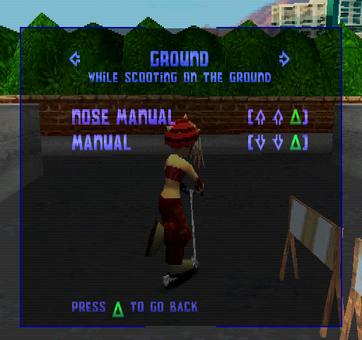 Razor Racing (PlayStation) screenshot: Trick list. Ground.