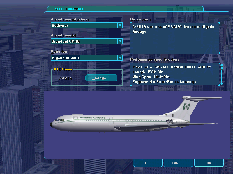 Vickers VC10 (Windows) screenshot: G-ARTA, here in Nigeria Airways livery. Damaged beyond repair in landing accident in 1972 at Gatwick.