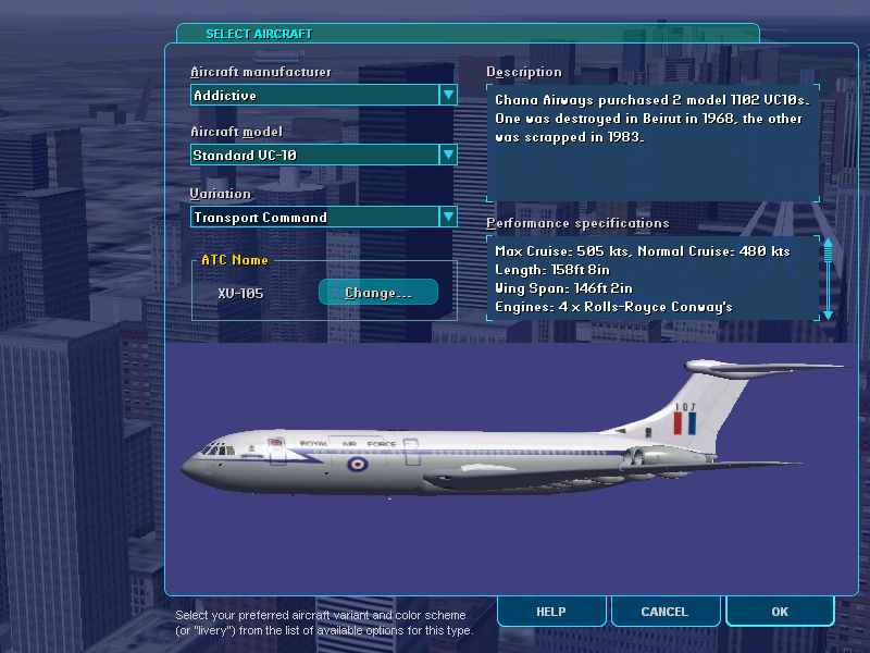 Vickers VC10 (Windows) screenshot: VC10, model C.1K was used as RAF transport aircraft (XV105). Now scrapped.