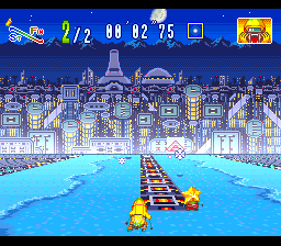 WakuWaku Ski Wonder Spur (SNES) screenshot: A "futuristic" stage.