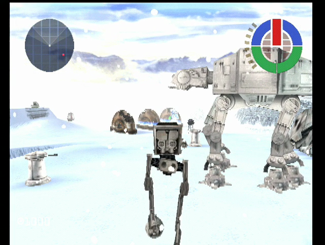 Star Wars: Demolition (Dreamcast) screenshot: Playing the AT-ST in the Hoth arena