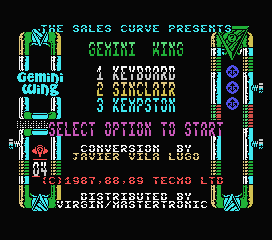 Gemini Wing (MSX) screenshot: Title screen and main menu