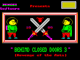 Behind Closed Doors 3: Revenge of the Ants (ZX Spectrum) screenshot: The title screen. This is followed by <br>"Goodnight America, Wherever You Are"<br>an enigmatic reference to 'The Nighthawk'