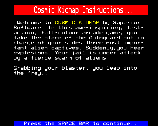 Cosmic Kidnap (BBC Micro) screenshot: Instructions, page 1