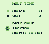 Elite Soccer (Game Boy) screenshot: The half time menu and results.