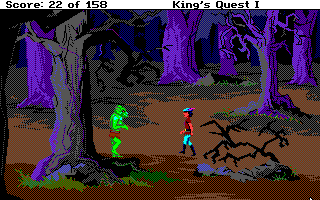 Roberta Williams' King's Quest I: Quest for the Crown (Amiga) screenshot: Hello there! My don't you look ugly? What is that? You want to kill me? That's not good...
