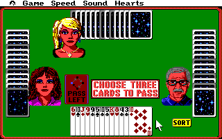 Hoyle: Official Book of Games - Volume 1 (Amiga) screenshot: Hearts - Choose three cards to pass