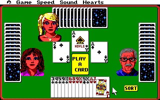 Hoyle: Official Book of Games - Volume 1 (Amiga) screenshot: Hearts - Play a card to finish the trick