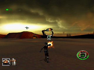 MDK (PlayStation) screenshot: Suicidal enemy carrying a bomb.