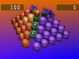Q*bert (PlayStation) screenshot: This block changes the viewing angle.