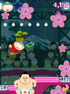 South Park: Mega Millionaire (J2ME) screenshot: Cartman with a tree on his head tries not to hit the sumo