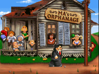 The Three Stooges (PlayStation) screenshot: The evil banker threatening the orphanage.