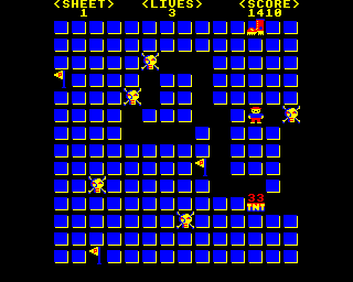 Danger UXB (BBC Micro) screenshot: Level 3 with stomping boots