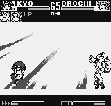 King of Fighters R-1 (Neo Geo Pocket) screenshot: In question of seconds, Kyo uses the emergency escape move to avoid a lot of Orochi's Bright Light.