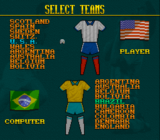 Elite Soccer (SNES) screenshot: Team selection
