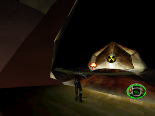 MDK (PlayStation) screenshot: Opening the doors with the atomic bomb.