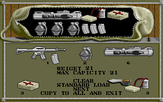 Airborne Ranger (Amiga) screenshot: Pack supplies for the mission.