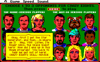 Hoyle: Official Book of Games - Volume 1 (Amiga) screenshot: Roger Wilco wants to know why he is stuck in Hoyle's and is not in Space Quest.