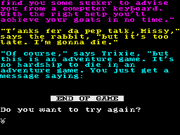 Bugsy (ZX Spectrum) screenshot: After the title screen comes a series of story screens. This is the last screen making Bugsy possibly only game to start with a GAME OVER message