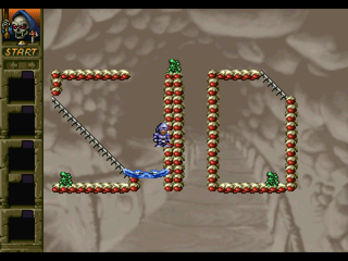 Arthur to Astaroth no Nazo Makaimura: Incredible Toons (PlayStation) screenshot: Arthur using a blue slime as a bouncing platform.