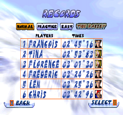 Snow Break (PlayStation) screenshot: Records.