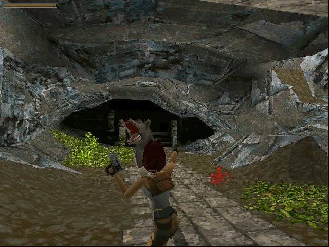 Tomb Raider (DOS) screenshot: An exceptionally close encounter with a wolf.