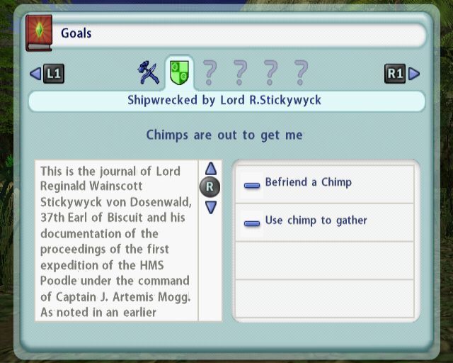The Sims 2: Castaway (PlayStation 2) screenshot: As the Sim explores they come across lost books, these add to the Sims knowledge and goals