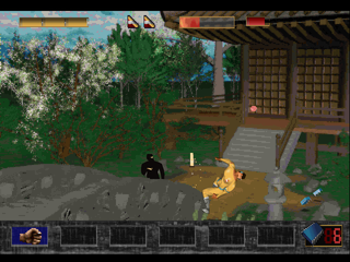 Time Commando (PlayStation) screenshot: Fighting the ninja near the bridge.