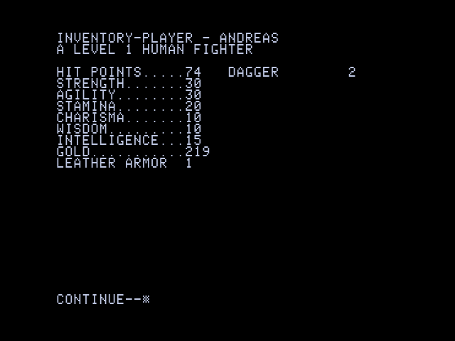 Ultima (Apple II) screenshot: Character stats