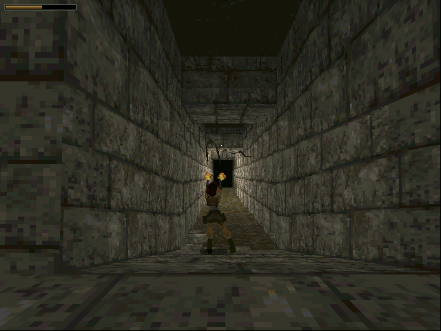 Tomb Raider (DOS) screenshot: Lara is fending off a couple of bats.