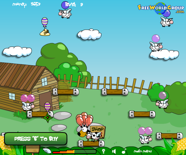 Barnyard Balloon (Browser) screenshot: Level 9: I lost all my balloons, but there is a shop to buy balloons