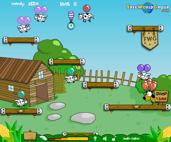 Barnyard Balloon (Browser) screenshot: Level 6: a power-up that stop the moving enemies for a few seconds