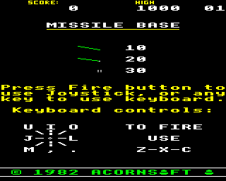 Missile Base (BBC Micro) screenshot: Instructions