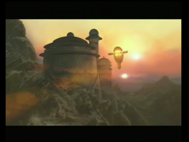 Star Wars: Demolition (Dreamcast) screenshot: Opening cinematic showing Boba Fett's Slave-1 spacecraft approaching Jabba's palace
