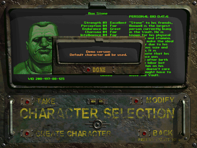 Fallout (Demo Version) (Windows) screenshot: But you are not allowed to choose or customize