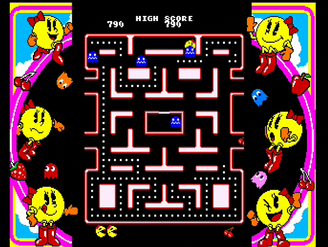 Namco Museum 64 (Dreamcast) screenshot: Ms. Pac-Man turns the tables on the ghosts