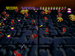 Robotron X (PlayStation) screenshot: New sets of levels have different floor textures.