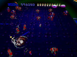 Robotron X (PlayStation) screenshot: Blue suction robots