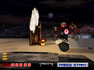 Area 51 (PlayStation) screenshot: Shooting the passing cars.