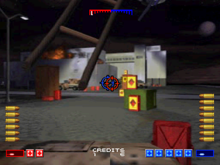 Area 51 (PlayStation) screenshot: Climbing the helicopter ladder.