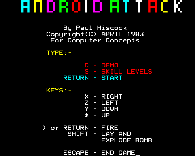 Android Attack (BBC Micro) screenshot: Another title screen